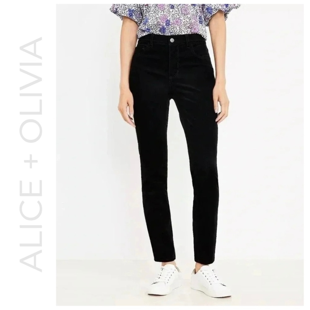 Alice + Olivia Velvet Stretch Pants | Mid-Rise Black Designer Trousers | Elegant